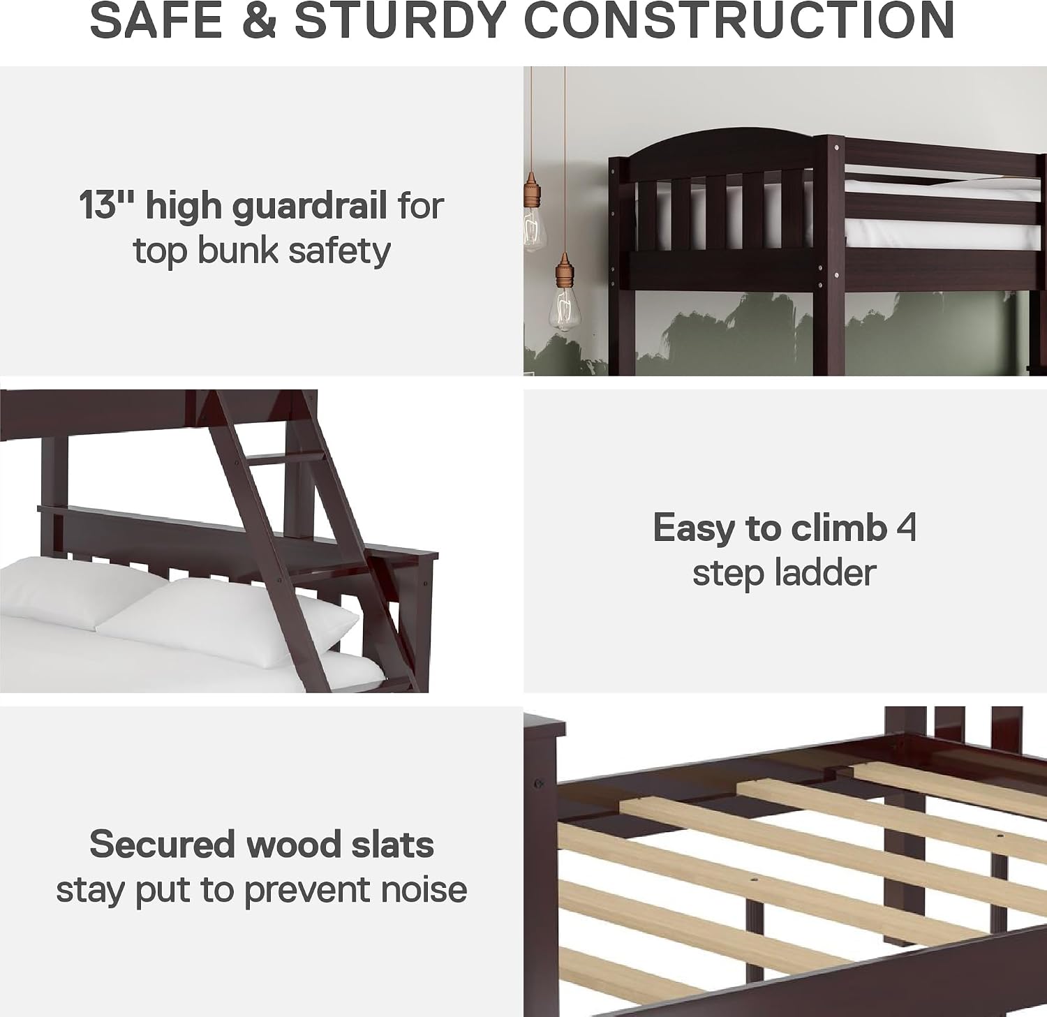 DHP Airlie Convertible Wood Bunk Bed Twin Over Full Size, Stackable and Detachable Bed Frames for Kids, Teens, Angled Ladder, High Guardrail, Wood Slats, No Boxspring Required, Espresso