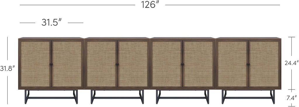 Nathan James Kova Bohemian Rattan Sideboard or TV Stand, Wooden Storage Cabinet with Doors, Walnut Sideboard Buffet or Rattan Accent Storage Cabinet with Matte Black Legs, Set of 4