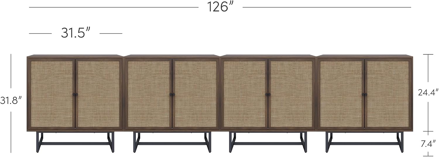 Nathan James Kova Bohemian Rattan Sideboard or TV Stand, Wooden Storage Cabinet with Doors, Walnut Sideboard Buffet or Rattan Accent Storage Cabinet with Matte Black Legs, Set of 4