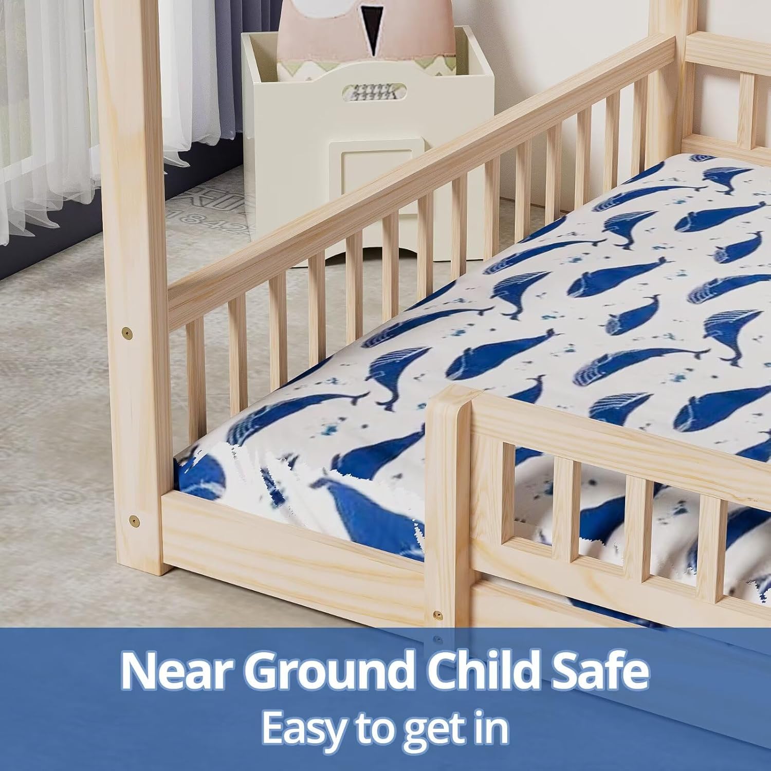 LLS Queen House Floor Bed Frame with Fence, Wooden Montessori Playhouse Bed with Slats Support for Boys Girls, Natural