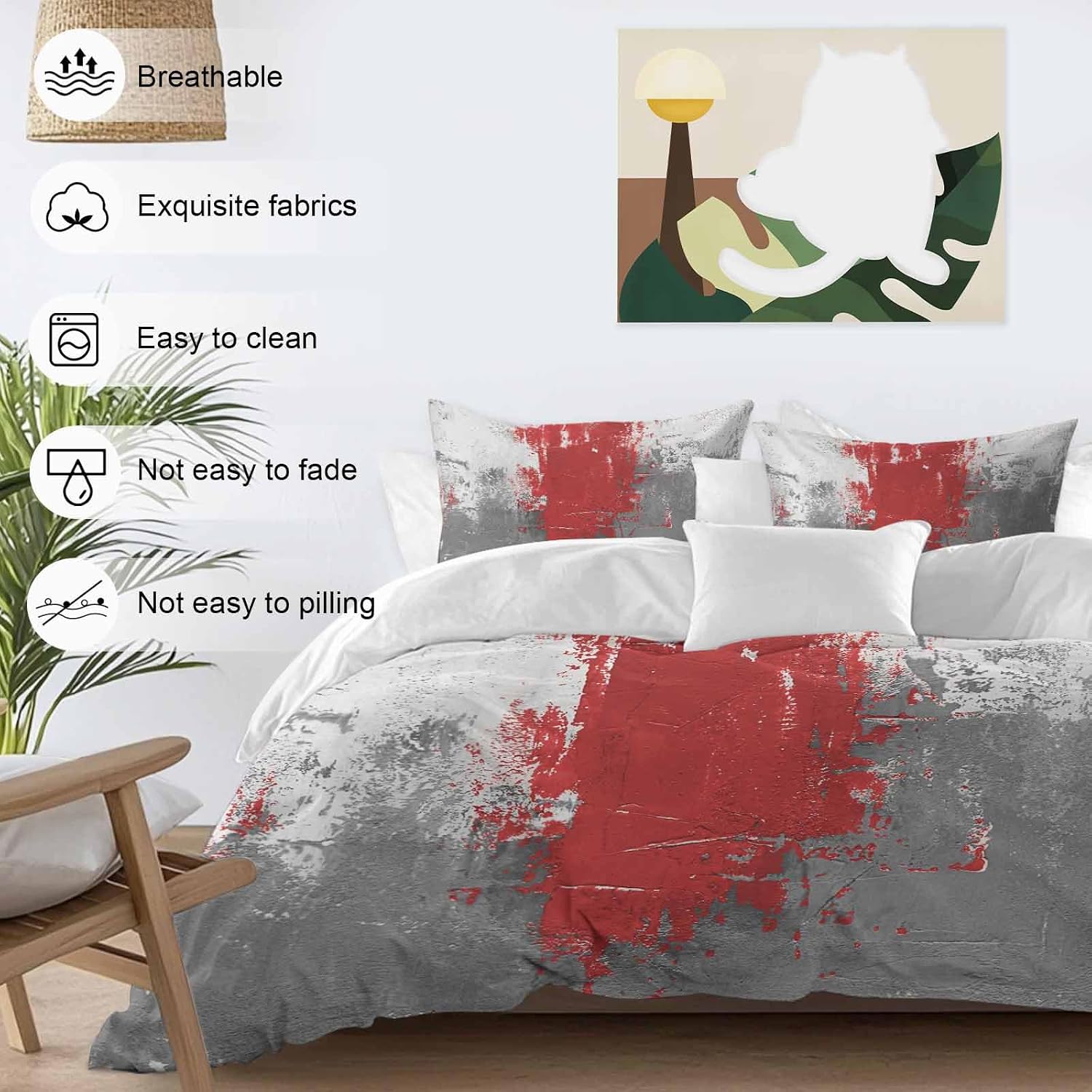 Abstract Art Duvet Cover Set Queen Size 4 Pieces Red Grey Wall Mottled Texture Minimalist Modern Bedding Set with Zipper Closure, 1 Comforter Cover 90x92 Inches 1 Flat Sheet & 2 Pillow Cases