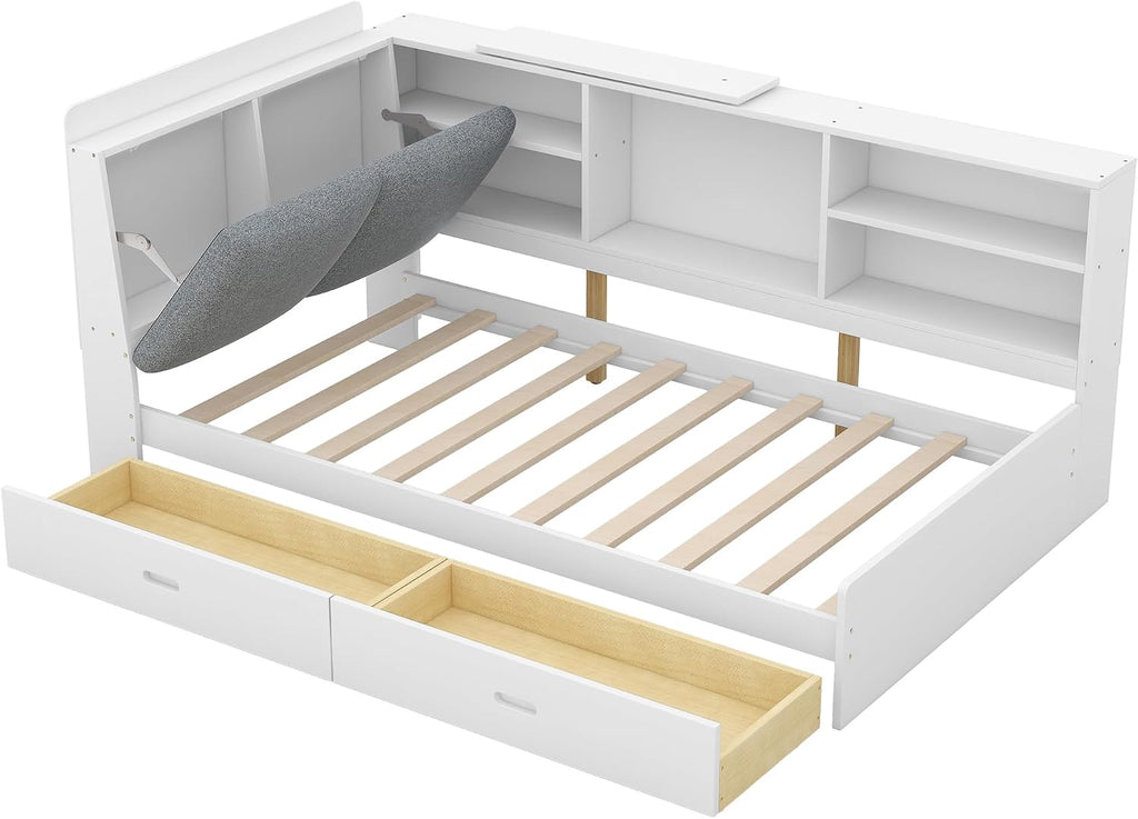 Bellemave Twin Corner Bed Frame, Captains Bedframe, Wood Twin Size Daybed with L-Shaped Bookcase and 2 Drawers，Twin Daybeds with Storage Cabinets, White