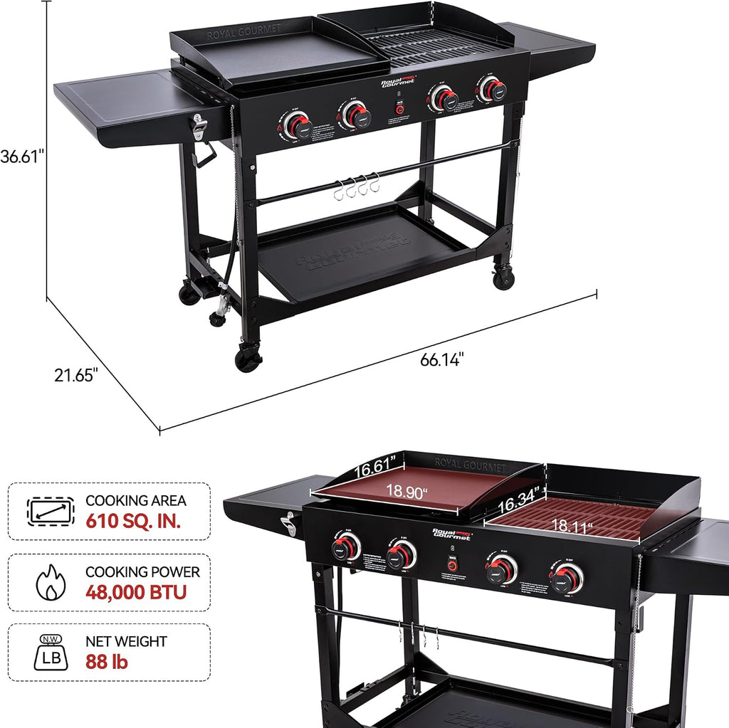 GD402 4-Burner Propane Gas Grill and Griddle Combo with Foldable Legs, 48,000 BTUs, Portable Griddle Grill Combo for Outdoor Cooking While Camping or Tailgating, Black