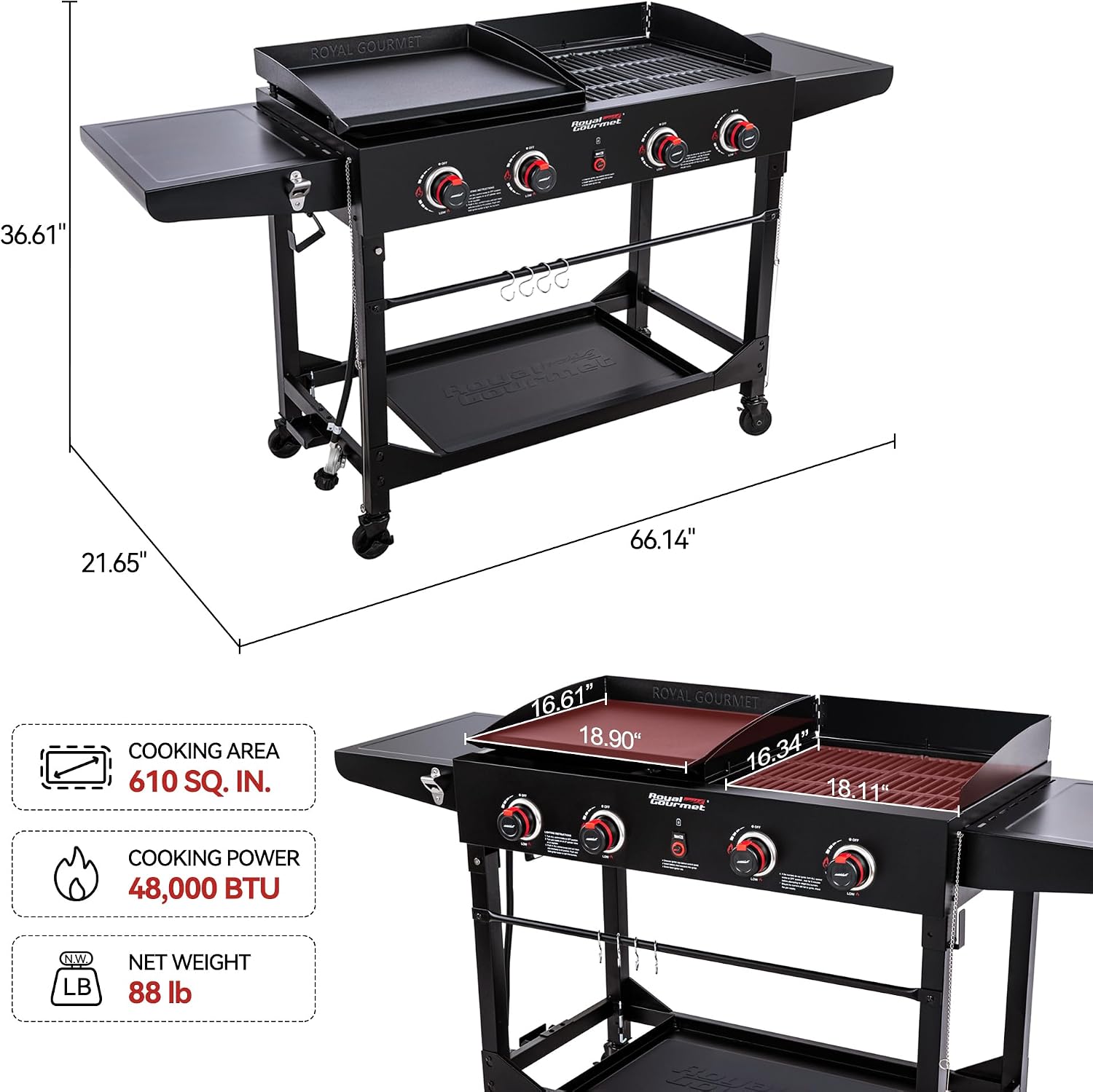 GD402 4-Burner Propane Gas Grill and Griddle Combo with Foldable Legs, 48,000 BTUs, Portable Griddle Grill Combo for Outdoor Cooking While Camping or Tailgating, Black