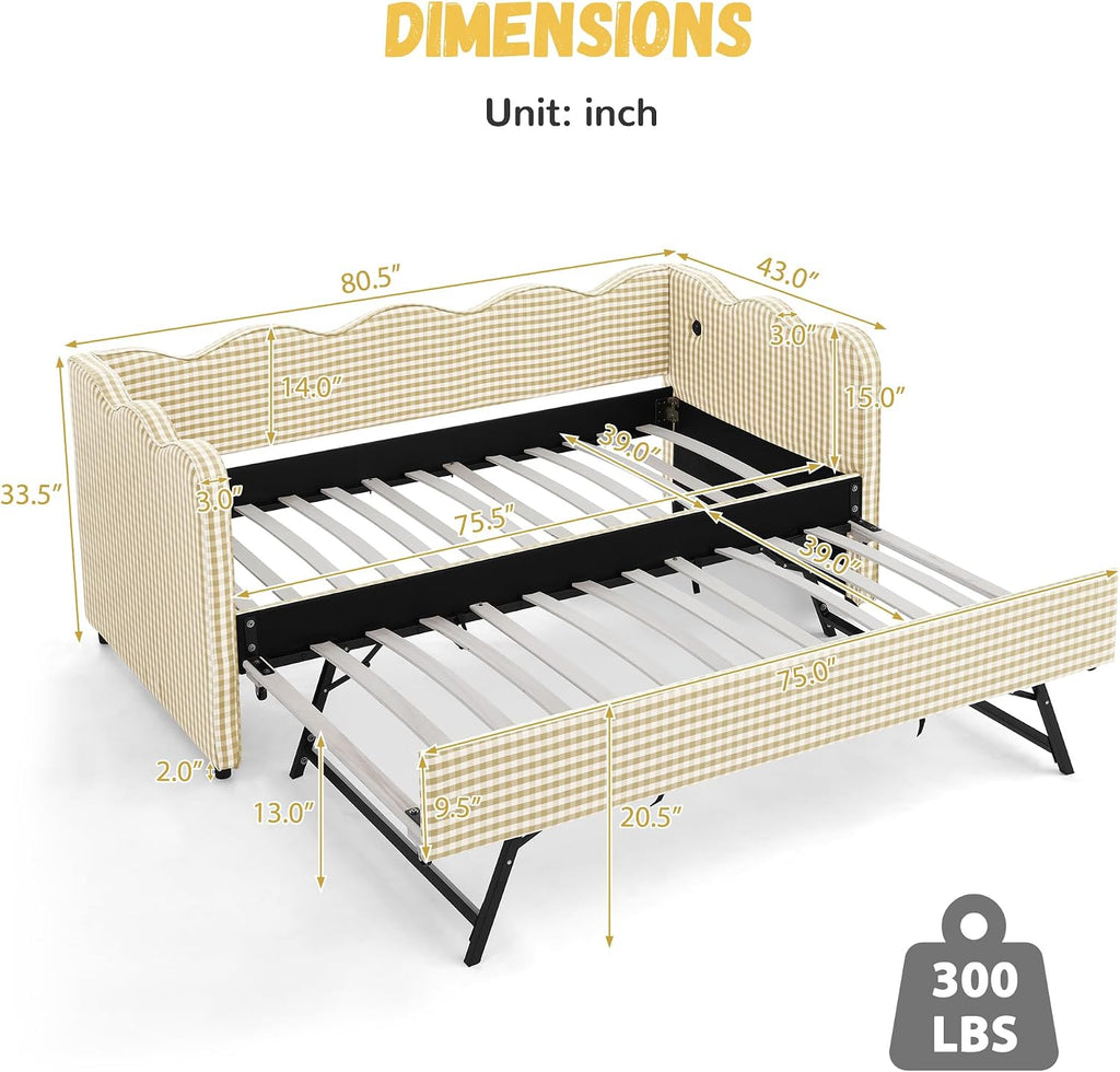 DEINPPA Twin Size Upholstered Daybed with Trundle, Gingham Daybed with USB Ports for Bedroom Living Room Guest Room-Brown