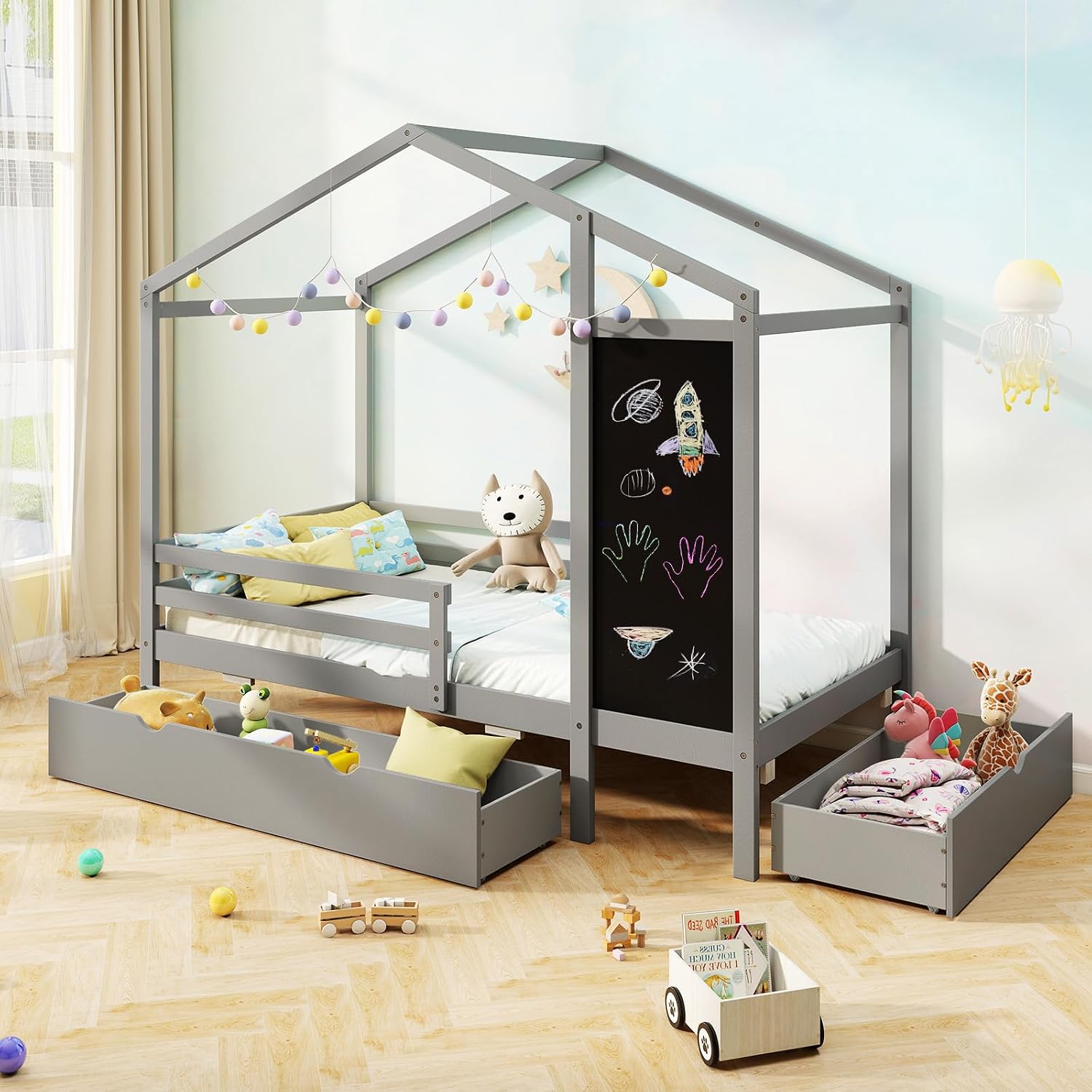 Giantex Twin Bed with 2 Storage Drawers, Solid Wood House Bed with Blackboard & Safety Guardrails, Twin House Bed w/Slats Support, No Box Spring Needed, Twin Bed Frames for Kids Girls Boys (Grey)