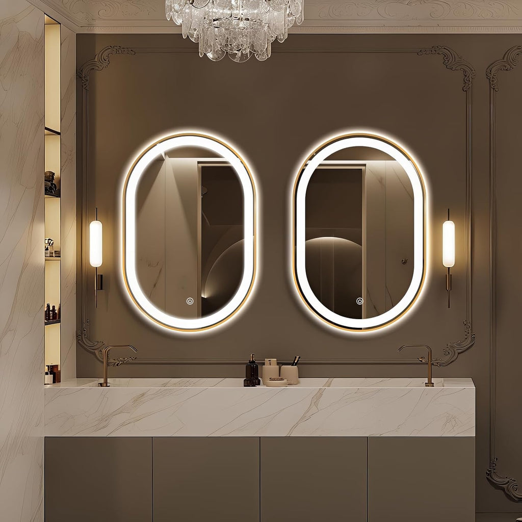 Oval LED Bathroom Mirror, 36'x24' Backlit Vanity Mirror with Light for Wall with Gold Frame, Anti-Fog, Dimmable, Frontlit, 3 Colors, Memory Function, IP65 Waterproof, UL Listed, Horizontal/Vertical