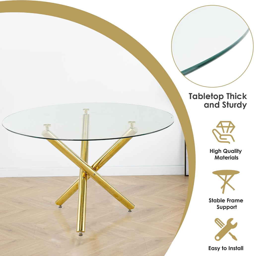 Modern Luxury Round Glass Dining Table Set, 5 PCS Minimalist Circle Dining Room Table Set for 4, 47'' Clear Circular Kitchen Table and Chairs Set of 4, Beige Woven Chair, for Home (Golden)