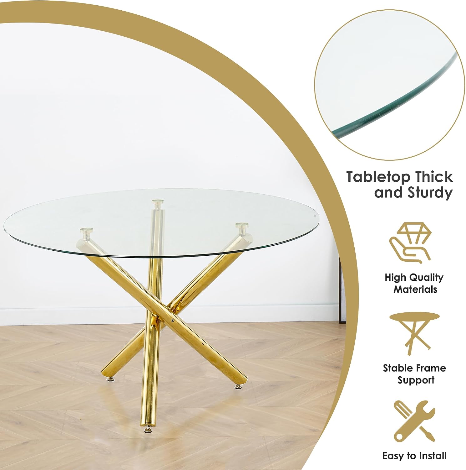 Modern Luxury Round Glass Dining Table Set, 5 PCS Minimalist Circle Dining Room Table Set for 4, 47'' Clear Circular Kitchen Table and Chairs Set of 4, Beige Woven Chair, for Home (Golden)