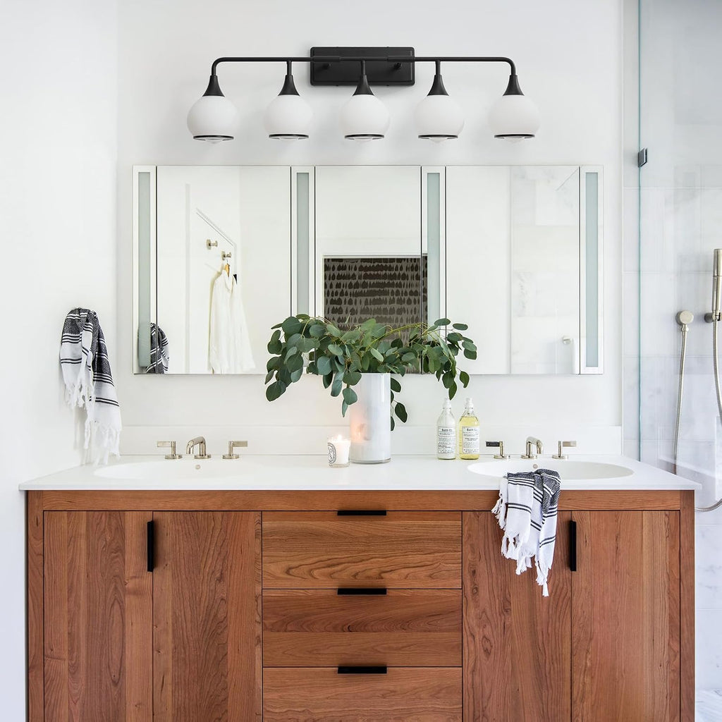 Black Bathroom Light Fixtures 5-Lights Vanity Lights with Milky White Frosted Glass Shade Bathroom Vanity Light 39.2 inch Wall Sconce Lighting Bath(Exclude E26 Bulb)