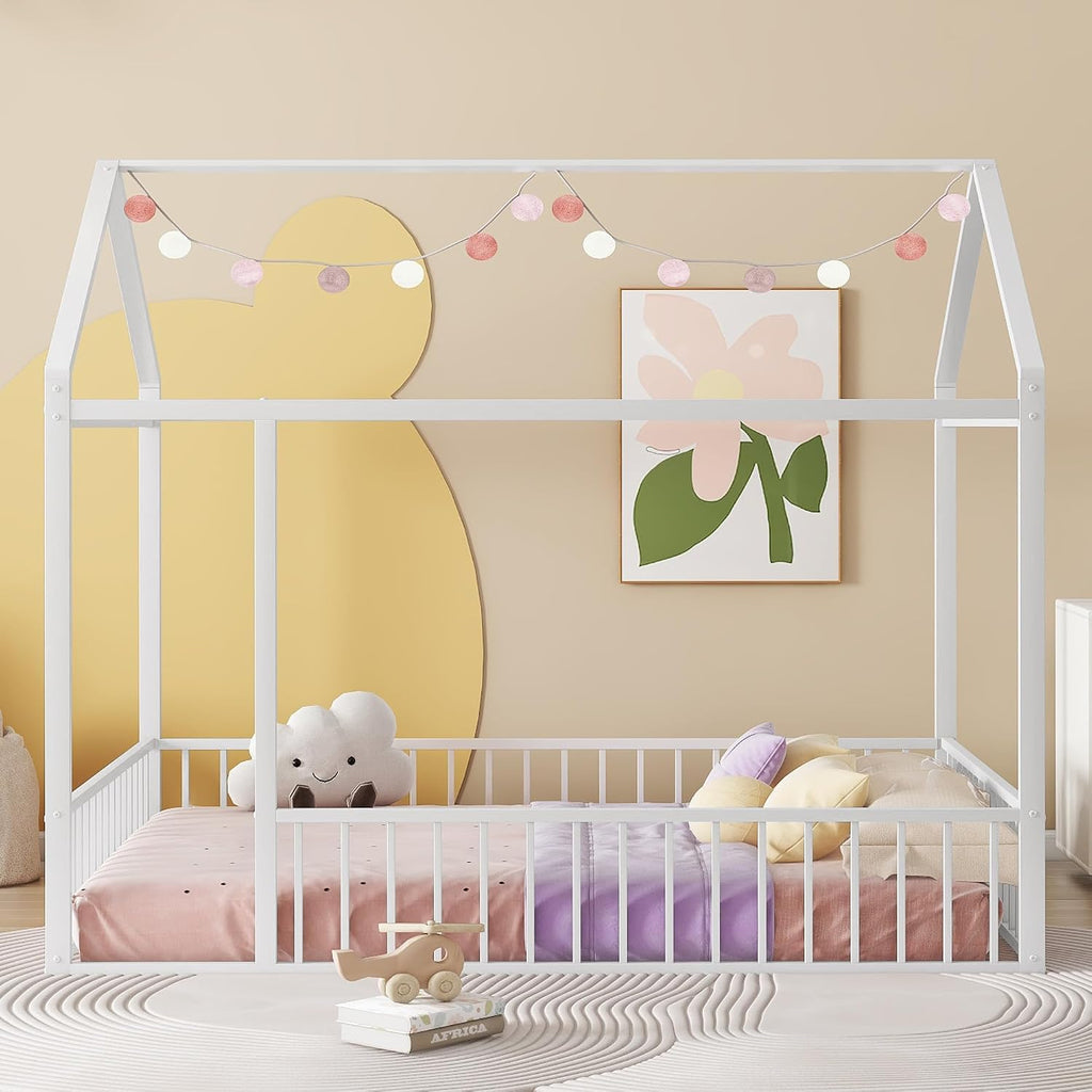 Bellemave Full Floor Bed Frame, Metal Montessori Floor Bed Full with Fence for Boys Girls Bedroom Playhouse for Kids No Slat, Easy Assembly House Shaped Floor Beds White