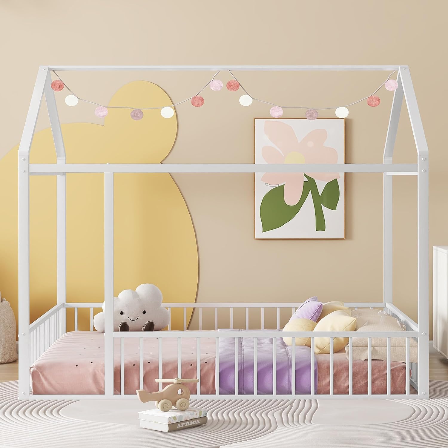 Bellemave Full Floor Bed Frame, Metal Montessori Floor Bed Full with Fence for Boys Girls Bedroom Playhouse for Kids No Slat, Easy Assembly House Shaped Floor Beds White