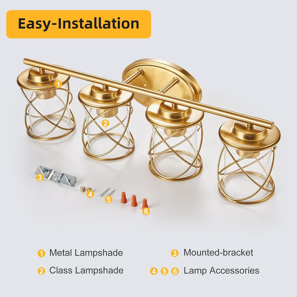 4-Lights Bathroom Light Fixtures, Brushed Gold Modern Vanity Light Over Mirror, Bathroom Wall Lamp for Mirror Kitchen Living Room Hallway Porch, Farmhouse Wall Lights with Clear Glass Cage Shade