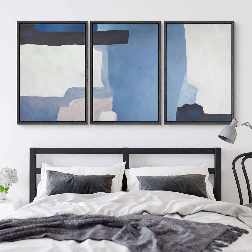 NWT Framed Wall Art Print Set Blue Watercolor Blot Set Abstract Shapes Illustrations Modern Art Minimalist Colorful Pastel for Living Room, Bedroom, Office - 24'x36'x3 Black