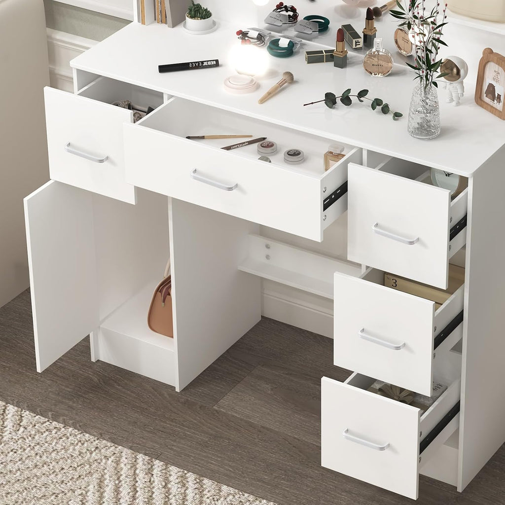 Makeup Vanity Desk with Mirror and Lights, Makeup Vanity Table and Chair Set, Makeup Desk with 5 Drawers & Storage Shelves, 3 Color Modes Adjustable, Vanity Set with Mirror, Dressing Table for Bedroom