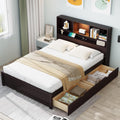 MERITLINE Twin Bed with Storage Headboard,Drawers,Charging Station and LED Lights, Wood Platform Bed with Storage Bookcase, No Box Spring Needed (Twin,Espresso)