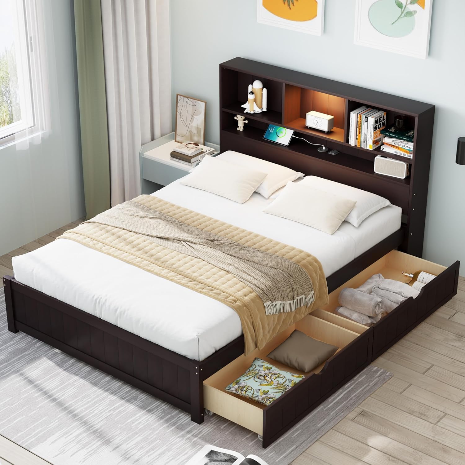 MERITLINE Twin Bed with Storage Headboard,Drawers,Charging Station and LED Lights, Wood Platform Bed with Storage Bookcase, No Box Spring Needed (Twin,Espresso)