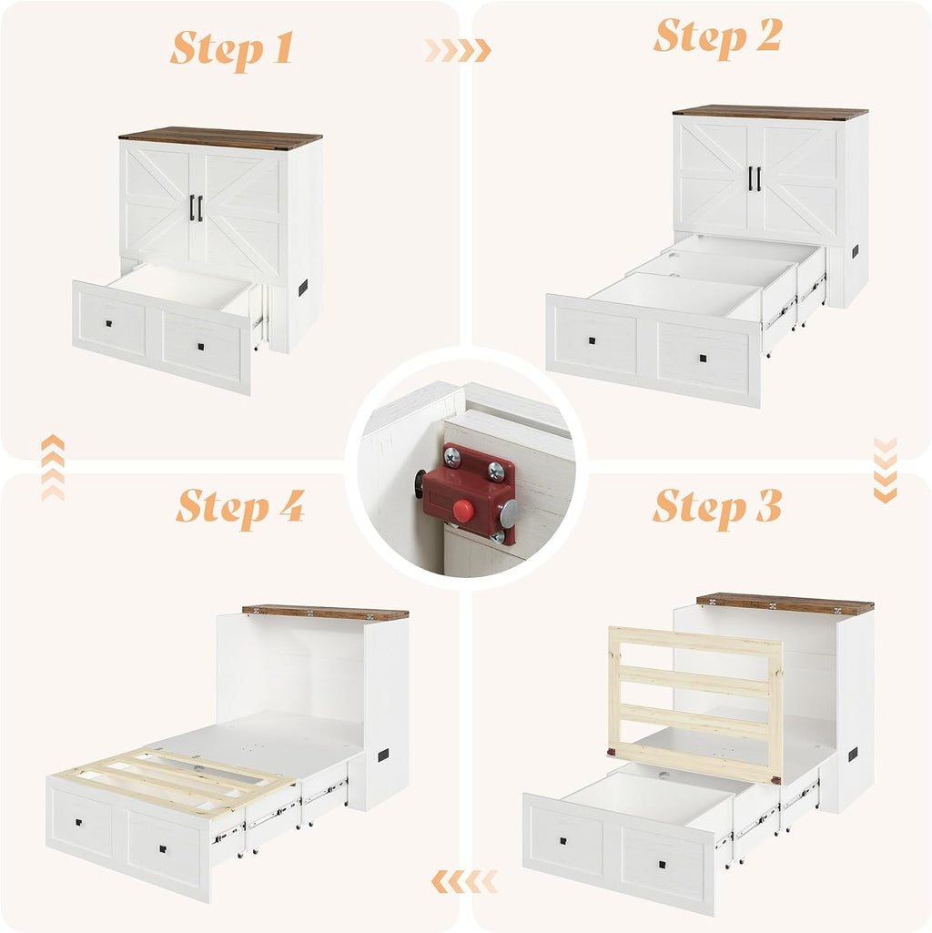 AMERLIFE Twin Murphy Bed Cabinet with Charging Station and Storage Drawer, Farmhouse Foldable Platform Bed for Home Office, Apartment, Small Spaces, Distressed White