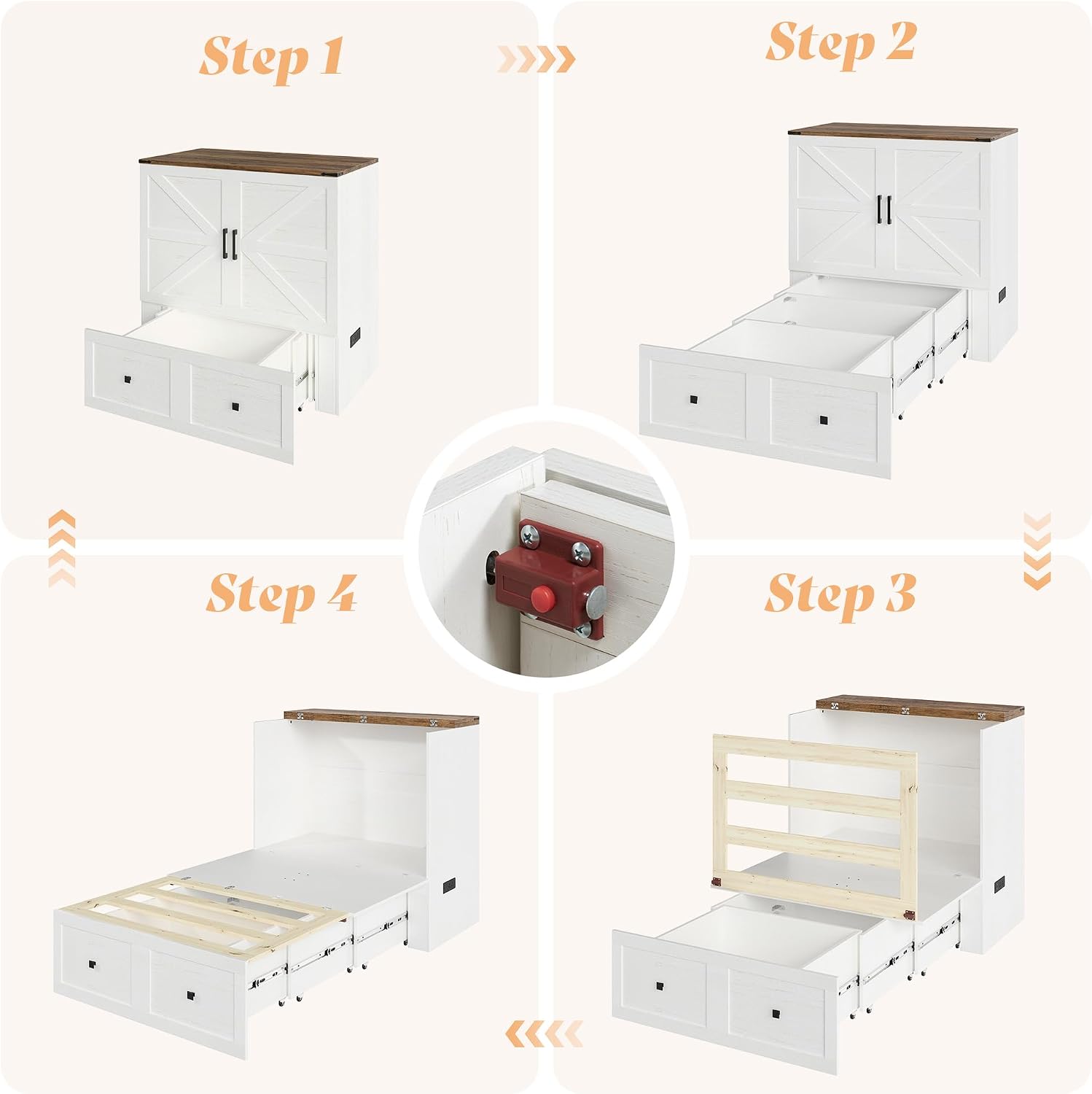 AMERLIFE Twin Murphy Bed Cabinet with Charging Station and Storage Drawer, Farmhouse Foldable Platform Bed for Home Office, Apartment, Small Spaces, Distressed White