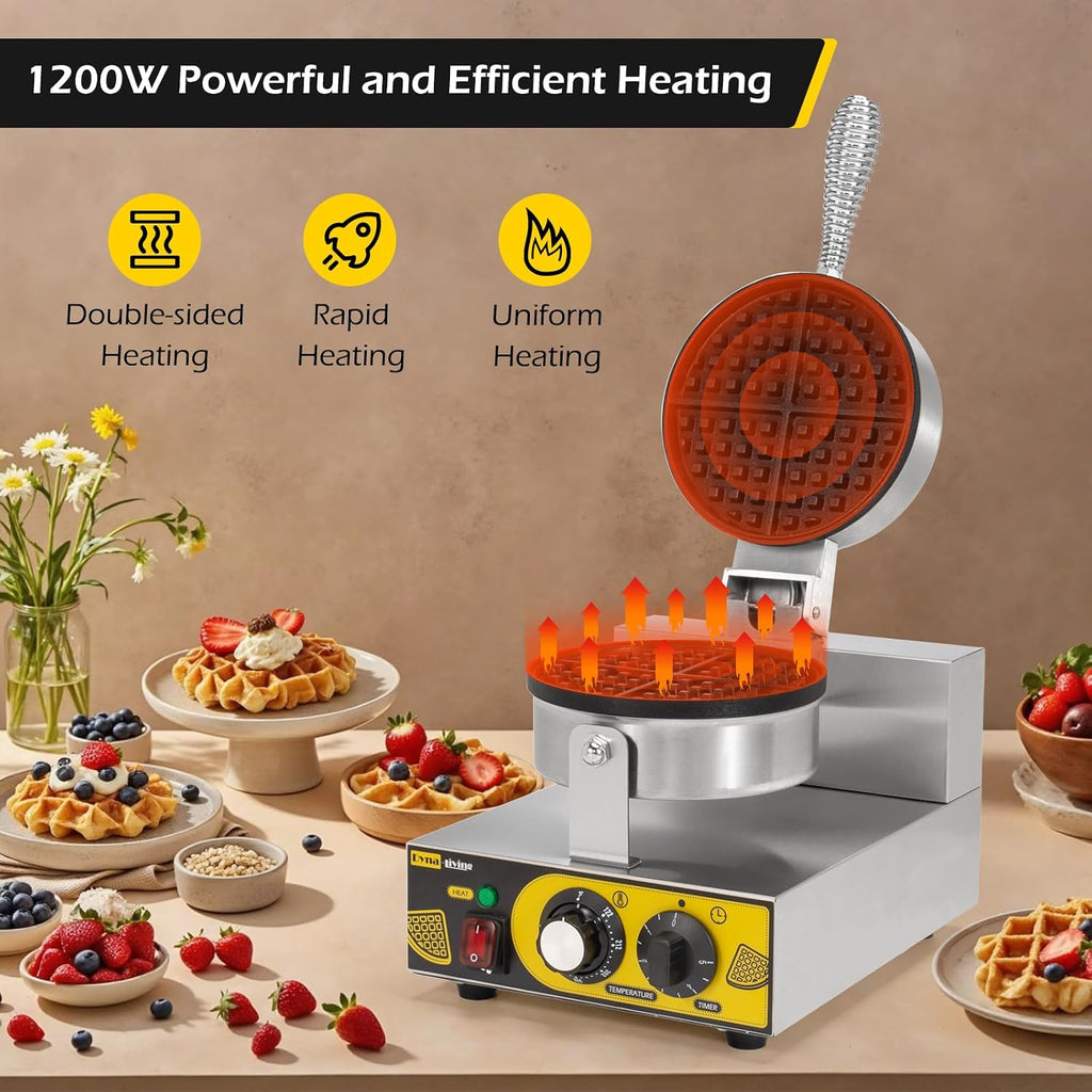 Dyna-Living Single Head Commercial Waffle Maker 1200W & 22'' Stainless Steel Countertop Griddle 3000W 110V Flat top Grill Electric for Home Kitchen