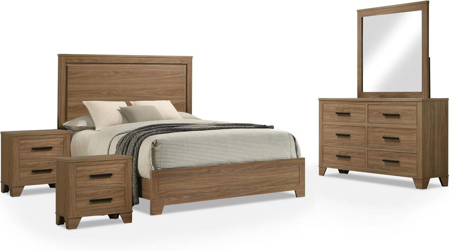 Furniture of America Nomal Modern Solid Wood 5-Piece Bedroom Set with Recessed Panel Headboard Bed, Metal Center Glide on Nightstands and Dresser with Mirror, Box Spring Needed, Queen, Chestnut Brown