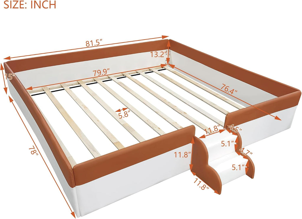 VilroCaz King Size Upholstered Daybed Frame with Fence and Stairs, Montessori Kids Floor Bed with Sturdy Slat Support for Kids Boys Girls (Brown+King)
