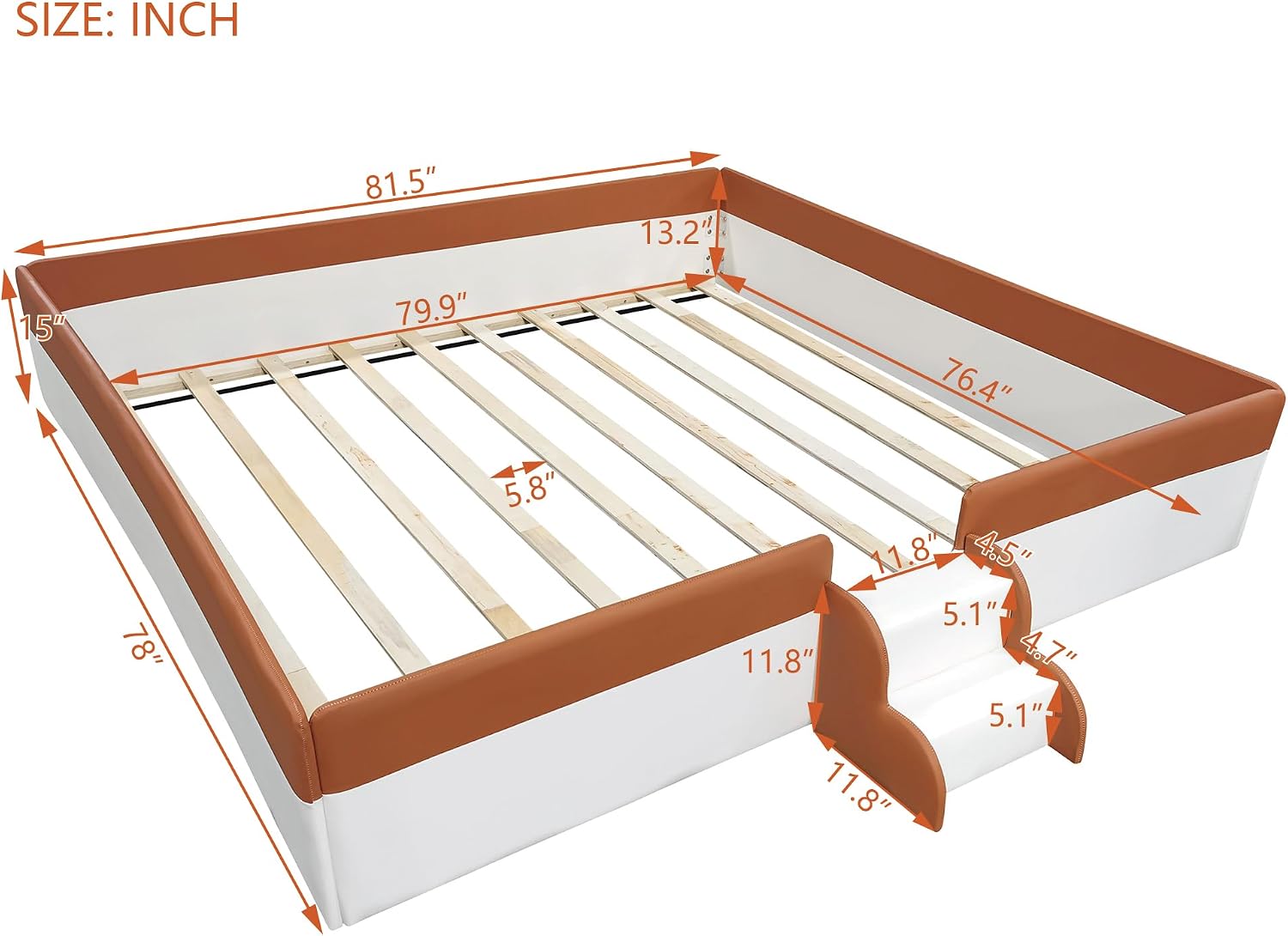 VilroCaz King Size Upholstered Daybed Frame with Fence and Stairs, Montessori Kids Floor Bed with Sturdy Slat Support for Kids Boys Girls (Brown+King)