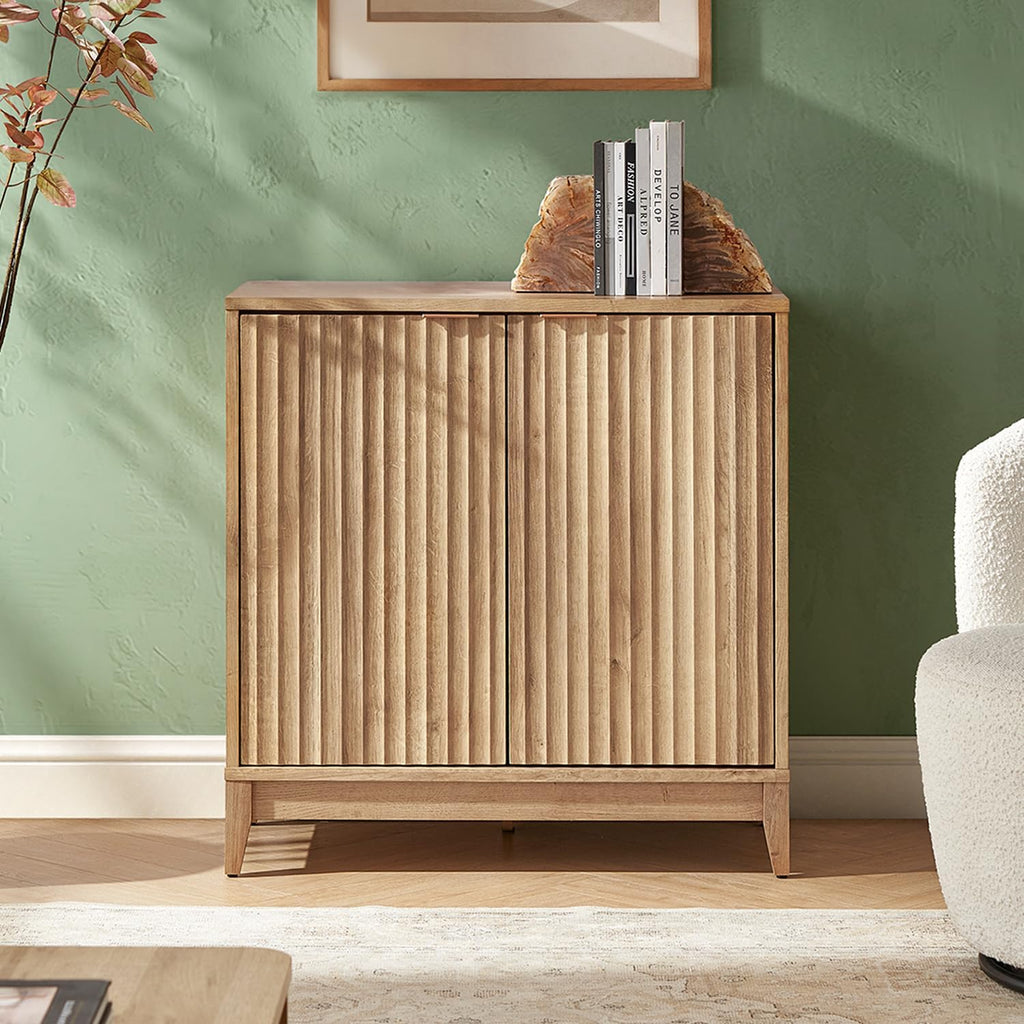 mopio Brooklyn Fluted Storage Cabinet, Modular Accent Buffet Sideboard with Adjustable Shelf, FSC Certified 50lb Load Modern Farmhouse Wood Credenza for Dining, Living Room, Entryway (Oak, Set of 2)