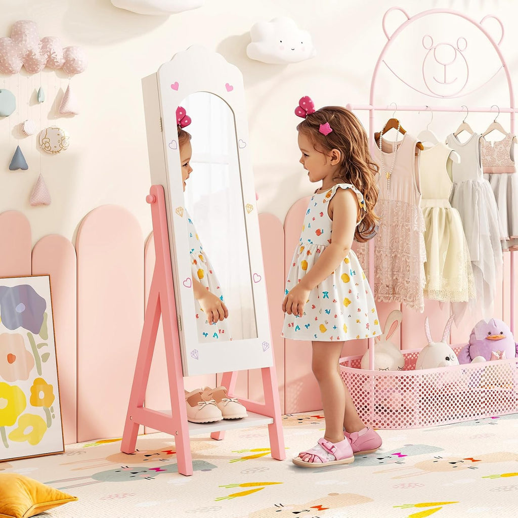Costzon Kids Vanity & Jewelry Armoire Cabinet, Kids Makeup Vanity Table and Chair Set, Standing Jewelry Organizer with Full-Length Mirror, Kids Bedroom Furniture Set for Girls (White)