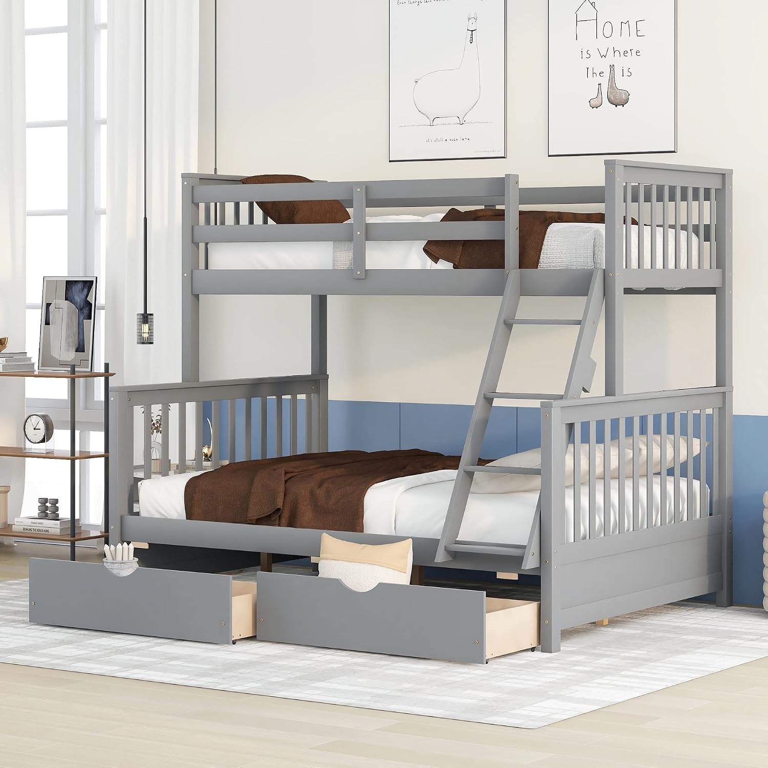 Harper & Bright Designs Twin Over Full Bunk Bed with Two Storage Drawers, Guardrails and Ladder, Solid Wood Bunk Bed Convertible to 2 Separated beds (Grey)