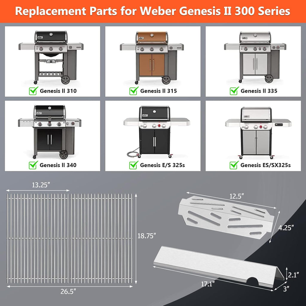 QuliMetal SUS304 18.75' Grill Grates with 66032 Flavorizer Bars & Heat Deflectors for Weber Genesis II 300 /LX 300, GS4 Genesis II E-310 E-315 S-335 Series Gas Grill, 66795 66095 66040 Grill Parts