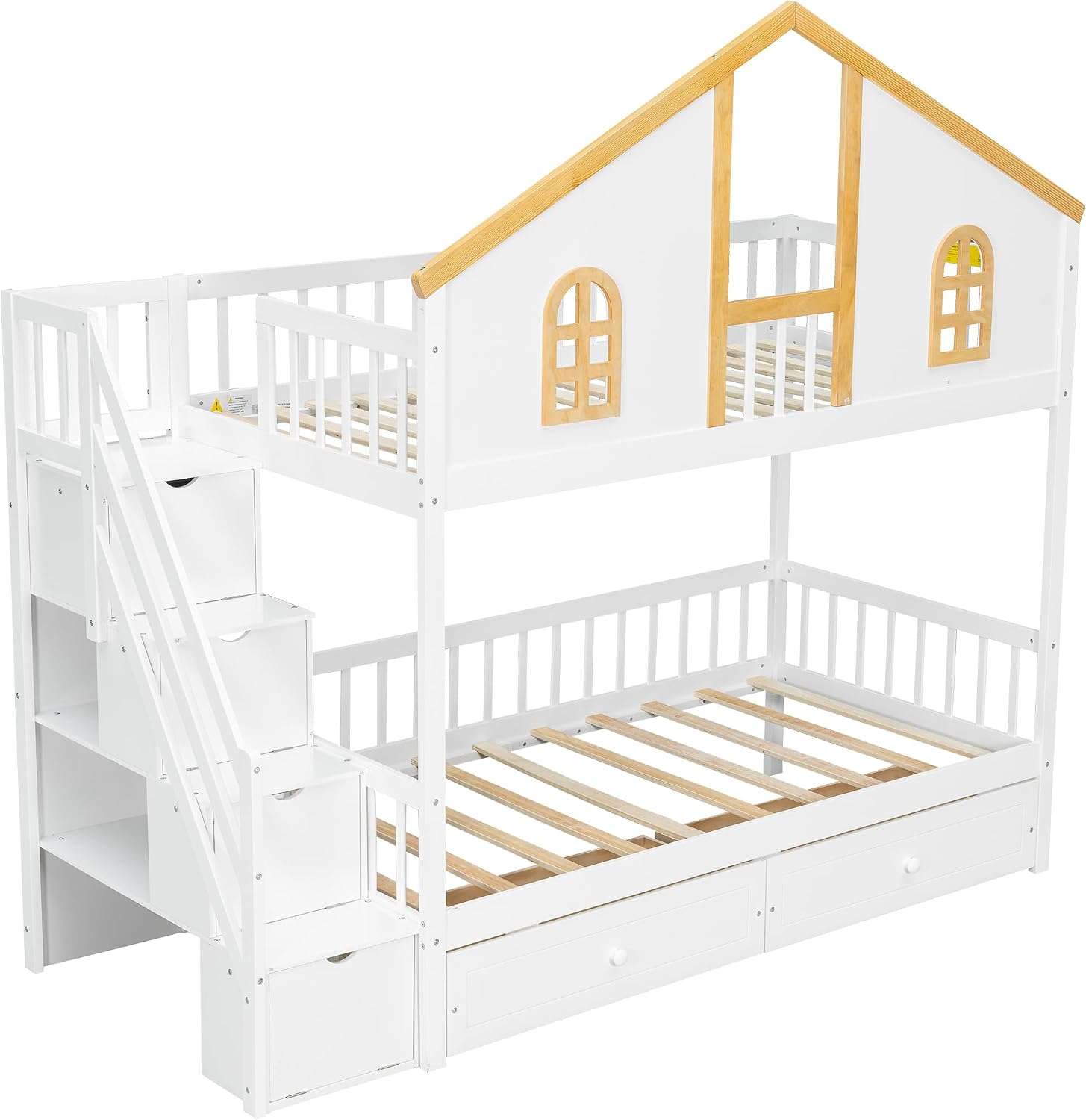 Merax Twin Over Twin Wooden Bunk Bed with Two Drawers and Storage Staircase, Twin Size House Bunk Bed Frame with Window Door Guardrails for Teens, Boys, Girls Bedroom, White+Natural