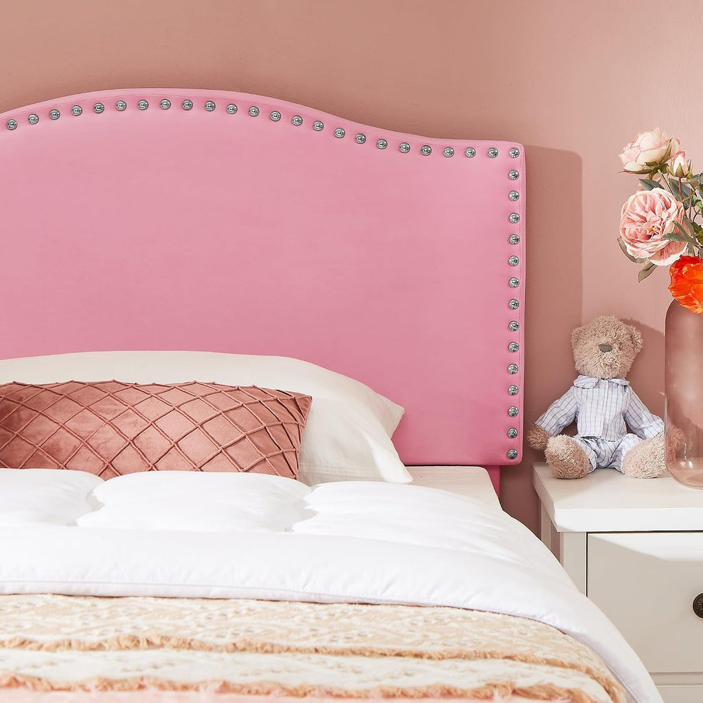 VECELO Twin Bed Frame, Platform Bed Frame with Adjustable Height Upholstered Headboard, Heavy-Duty Frame and Strong Wooden Slats Support, Non-Slip and Noise-Free, Easy Assembly, Pink
