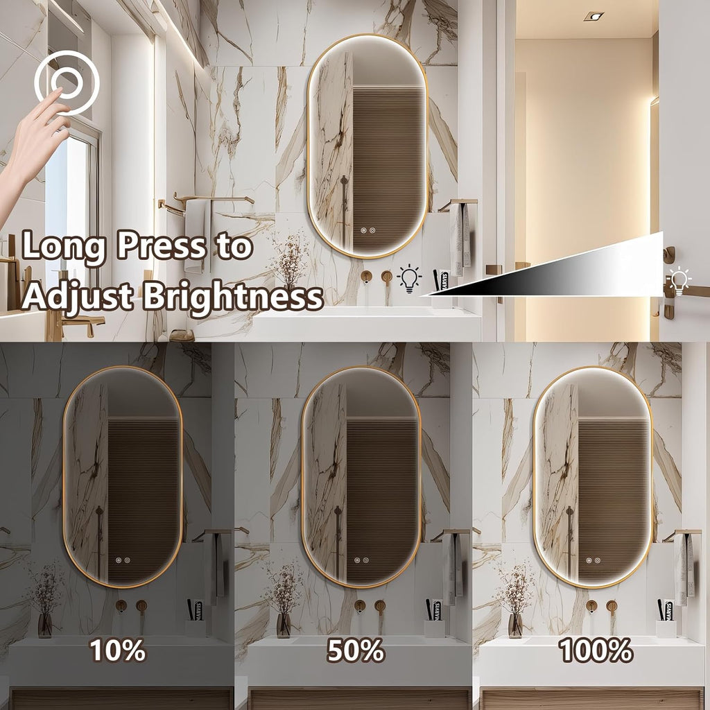 32'x20' Oval Led Mirror for Bathroom, Gold Metal Framed Lighted Vanity Mirror with Lights, Anti-Fog Light Up Mirror with 3 Colors Dimmable, Frontlit, Shatterproof, Horizontal/Vertical