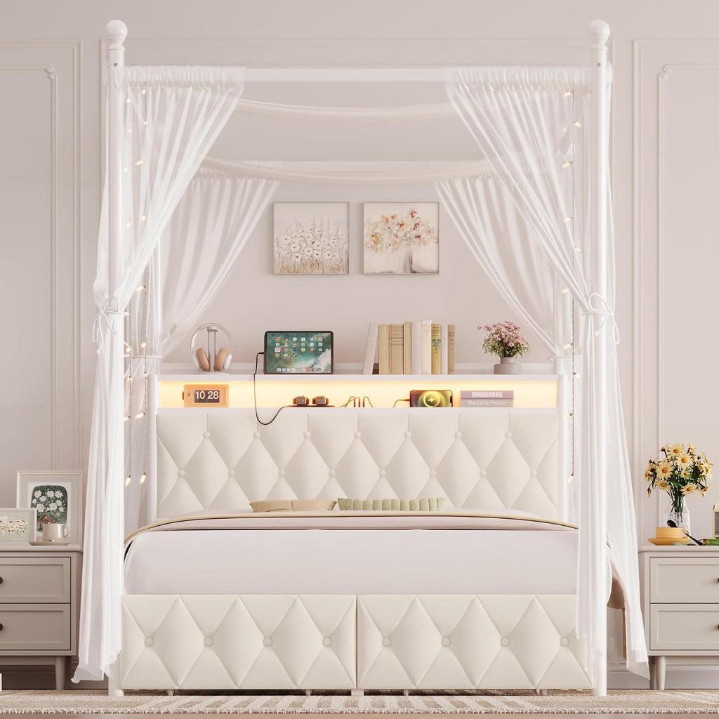 HIFIT Full Size Upholstered LED Canopy Bed Frame with Storage and Charging Station, Button Tufted Storage Headboard with Bookshelf, Two-Use Metal Platform Bed with 4 Removable Posts & 2 Drawers, Biege