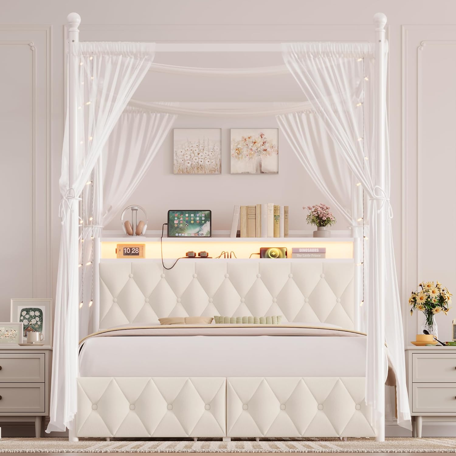 HIFIT Full Size Upholstered LED Canopy Bed Frame with Storage and Charging Station, Button Tufted Storage Headboard with Bookshelf, Two-Use Metal Platform Bed with 4 Removable Posts & 2 Drawers, Biege