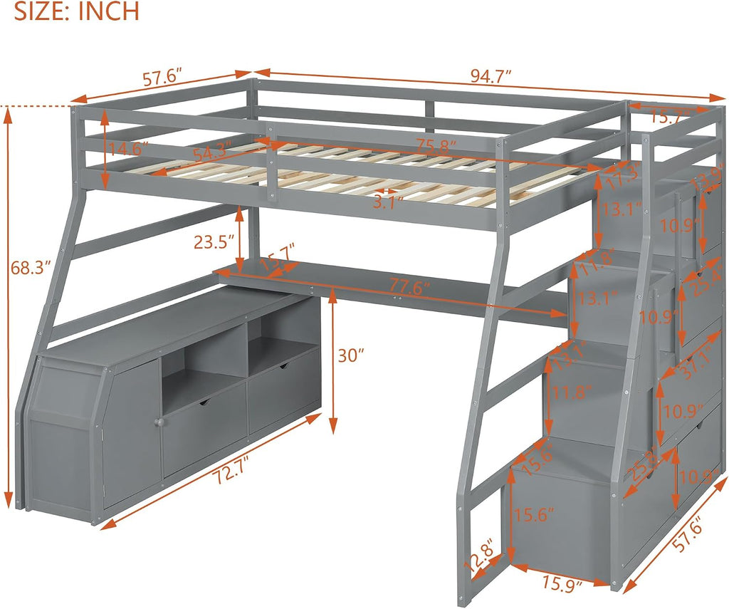 Bellemave Full Loft Bed with Desk & Storage Stairs Wood Loft Beds with Cabinet and 7 Drawers and 2 Shelves High Loft Bed Frame with Step for Kids, Juniors, Teen, Boys, Girls, Grey