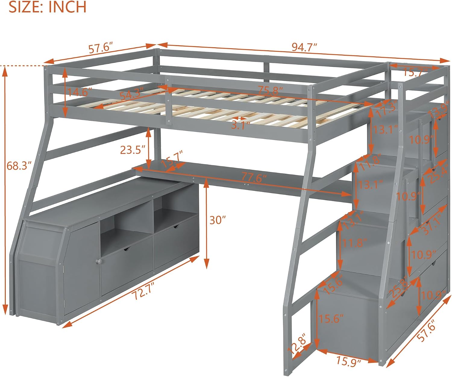 Bellemave Full Loft Bed with Desk & Storage Stairs Wood Loft Beds with Cabinet and 7 Drawers and 2 Shelves High Loft Bed Frame with Step for Kids, Juniors, Teen, Boys, Girls, Grey