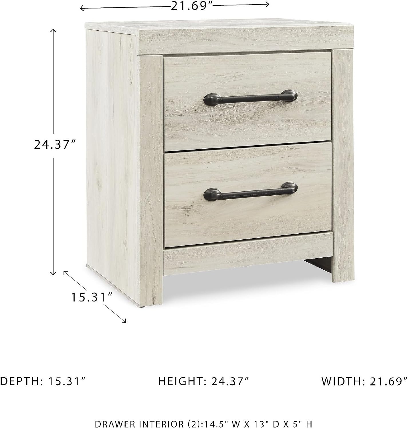 Signature Design by Ashley Cambeck Farmhouse Industrial 2 Drawer Two Drawer Nightstand with 2 Slim-Profile USB Charging Stations, 24.37' Tall, Whitewash