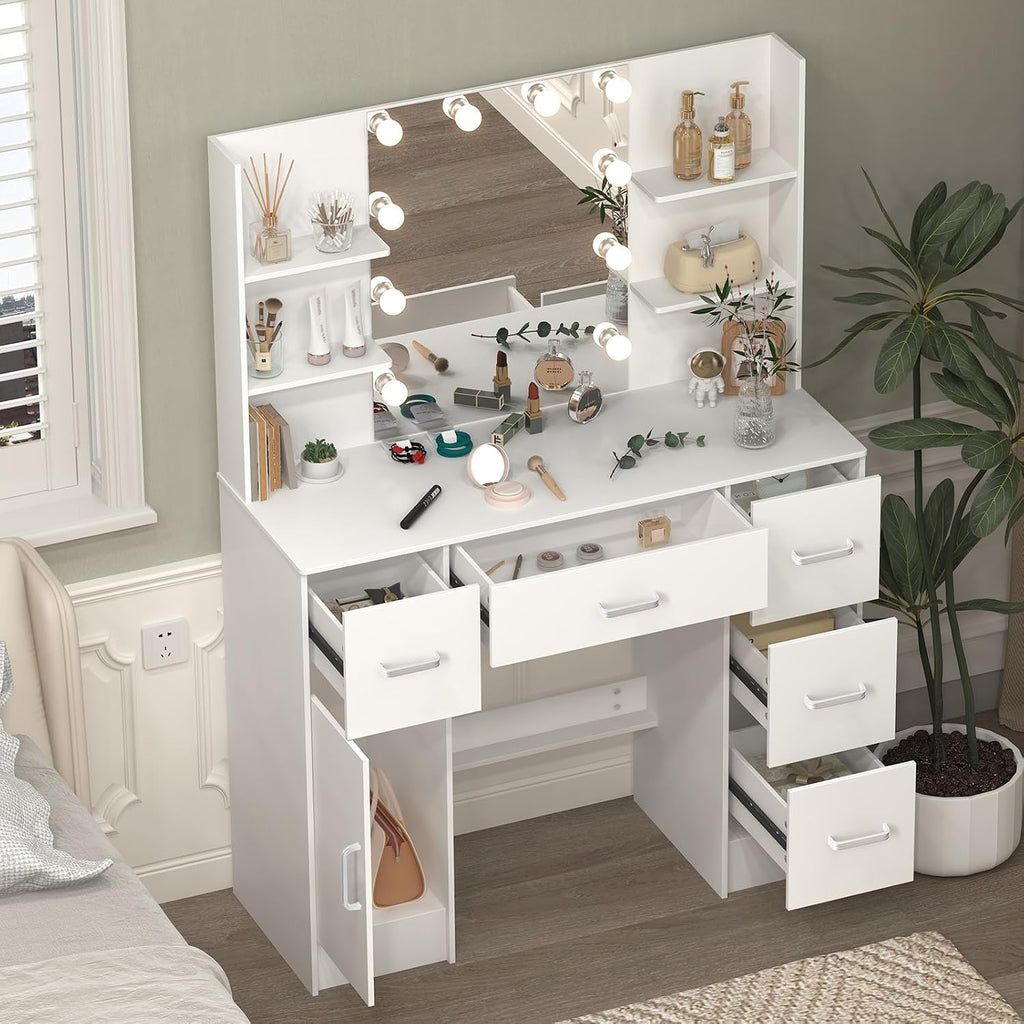 Makeup Vanity Desk with Mirror and Lights, Makeup Vanity Table and Chair Set, Makeup Desk with 5 Drawers & Storage Shelves, 3 Color Modes Adjustable, Vanity Set with Mirror, Dressing Table for Bedroom