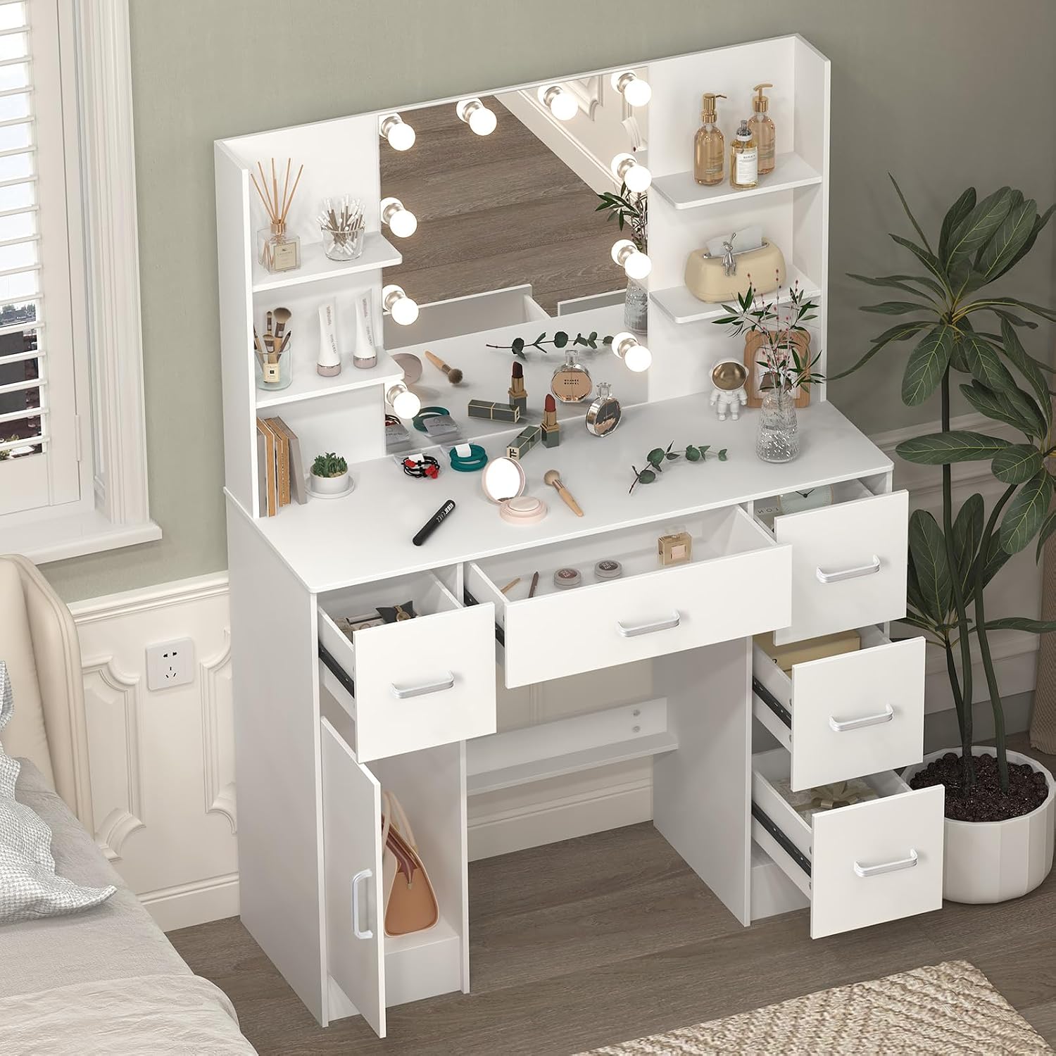 Makeup Vanity Desk with Mirror and Lights, Makeup Vanity Table and Chair Set, Makeup Desk with 5 Drawers & Storage Shelves, 3 Color Modes Adjustable, Vanity Set with Mirror, Dressing Table for Bedroom