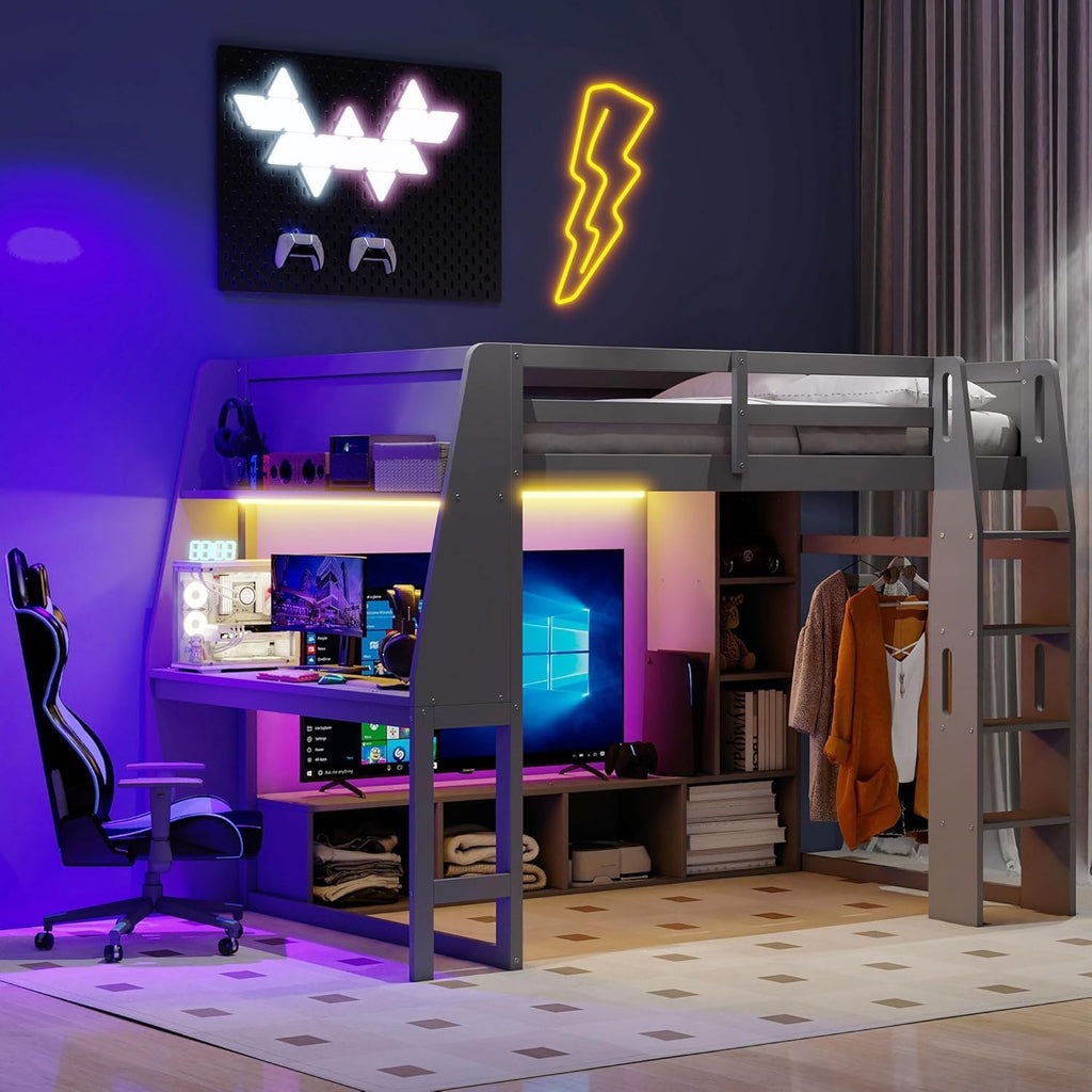MERITLINE Full Gaming Loft Bed with Desk and Storage,TV Stand & LED RGB, Solid Wood Gaming Bed with Storage Shelves,TV Cabinet and Clothes Rack, for Adults Teens (Grey,Full)