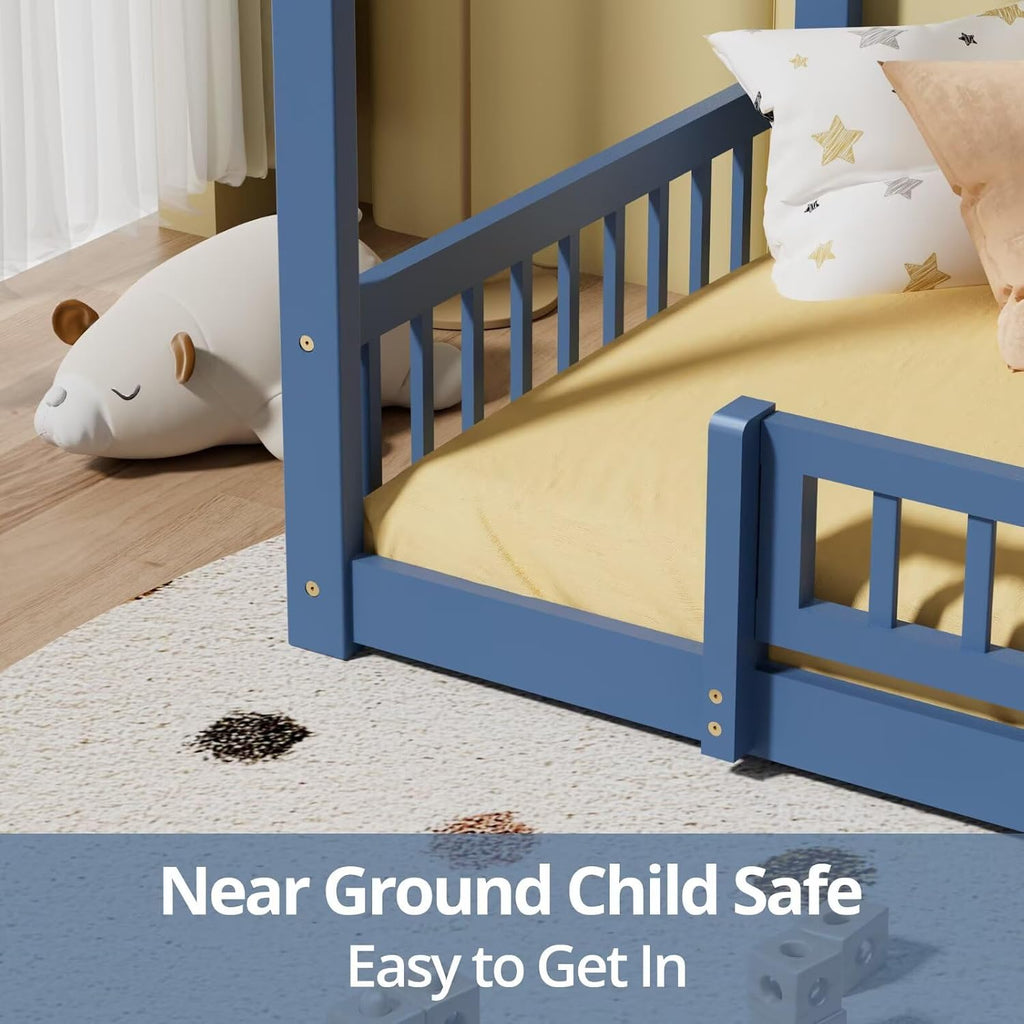 LLS Twin House Floor Bed Frame with Fence, Wooden Montessori Bed with Slats Support for Boys Girls, Mist Blue