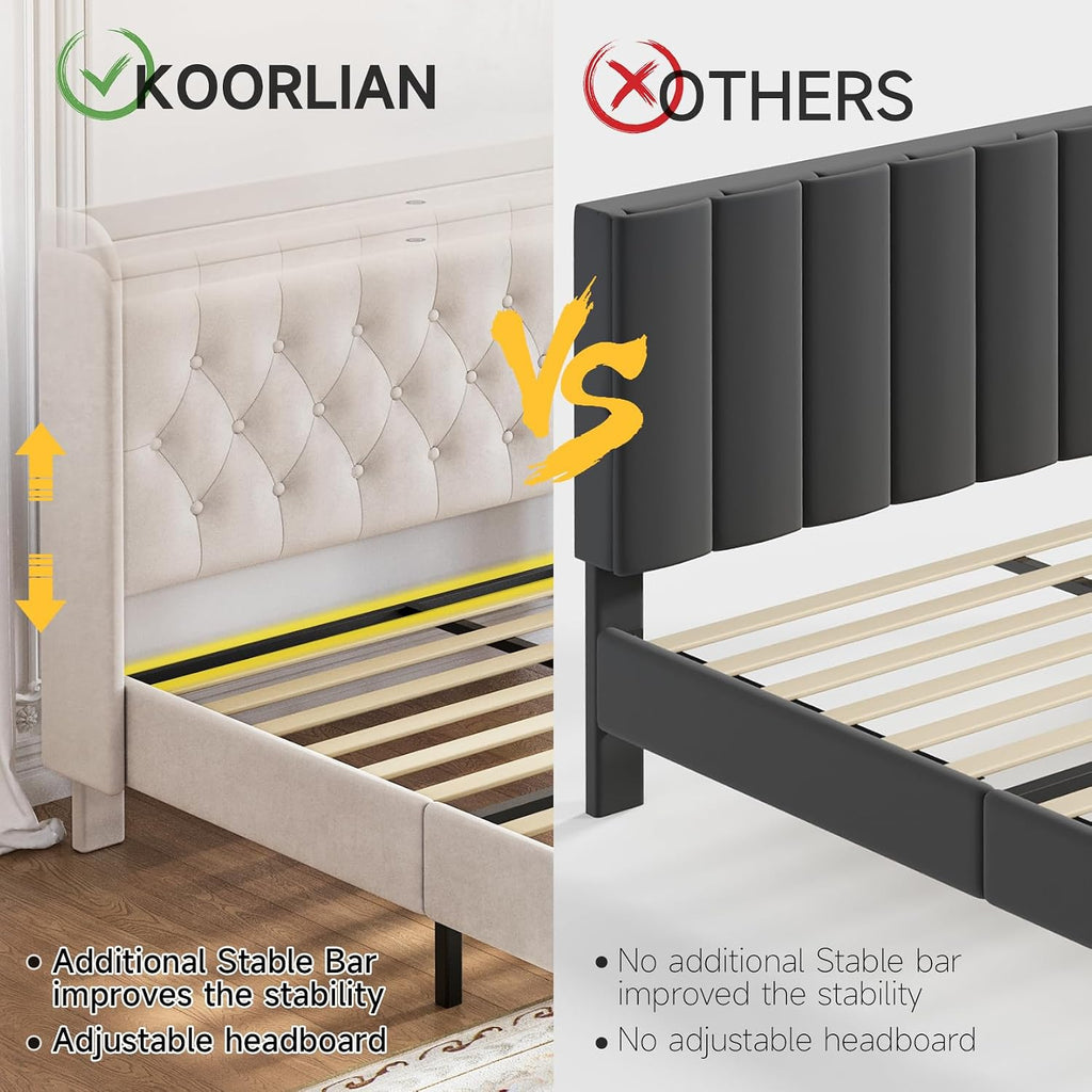 koorlian Queen Bed Frame with Headboard, Adjustable Velvet Upholstered Bed Frame with Type-C&USB Ports, Wingback Storage Headboard, Solid Wood Slats Support, No Box Spring Needed, Noiseless, Beige