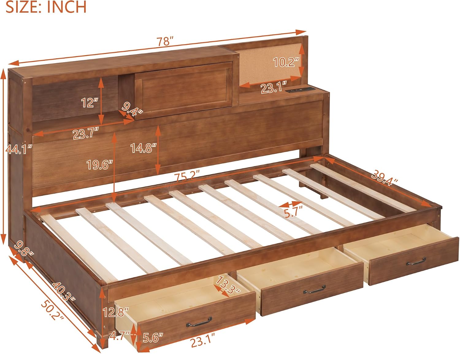 Harper & Bright Designs Twin Size Wooden Daybed with 3 Storage Drawers, Upper Soft Board, Shelf and a Set of Sockets and USB Ports, Twin Storage Bed for Small Living Space,Brown