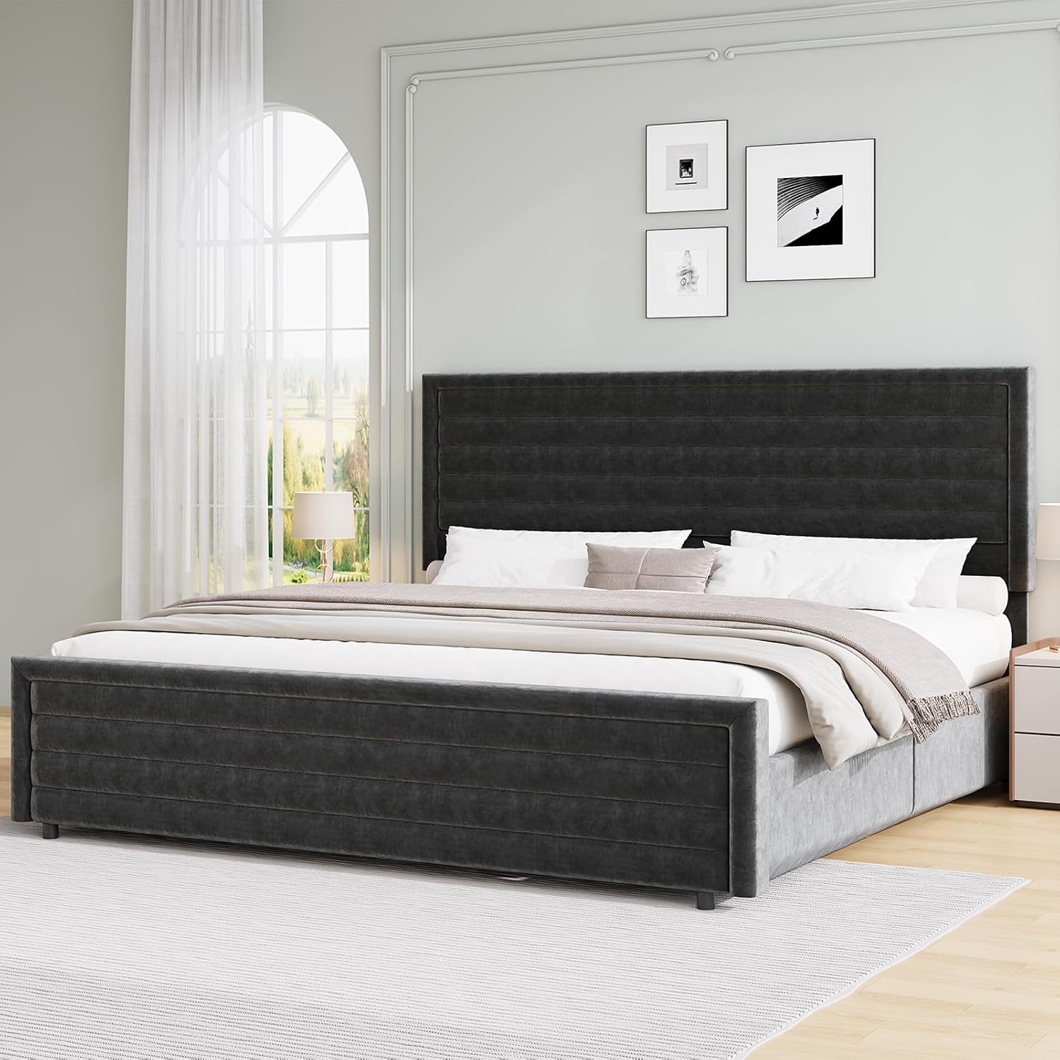 REVOMINCA King Size Bed Frame, King Platform Bed Frame with Velvet Upholstered Headboard, No Box Spring Needed, Easy Assembly, Black