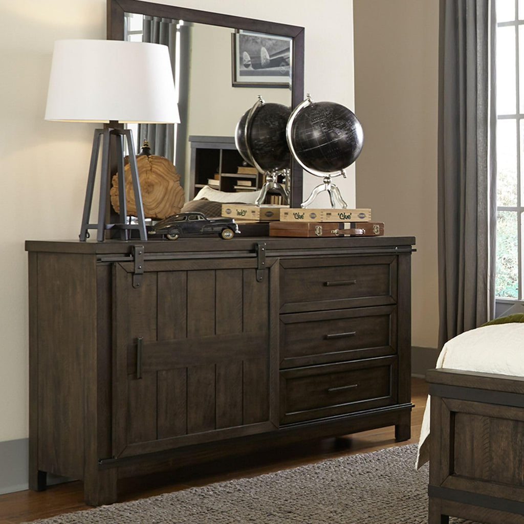Liberty Furniture Thornwood Hills Twin Bookcase Bed, Dresser & Mirror Rustic Youth Bedroom Set - Rock Beaten Brown with Saw Cuts