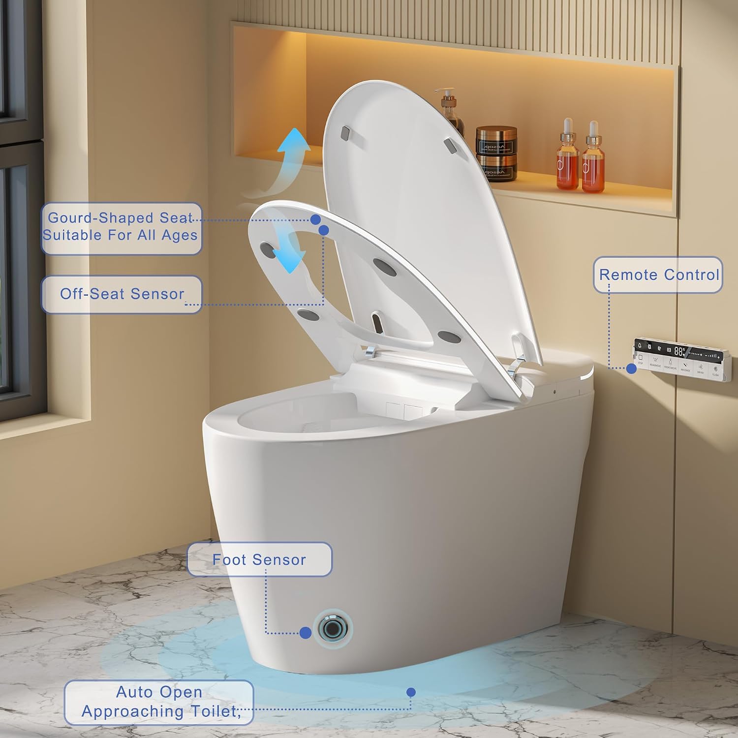 Smart Toilet with Bidet Built in,Foam Shield & Aromatherapy Spray, Heated Seat with Instant Warm Water Sprayer & Air Dryer, Upgrade Gourd-shaped Seat for Child & Adult