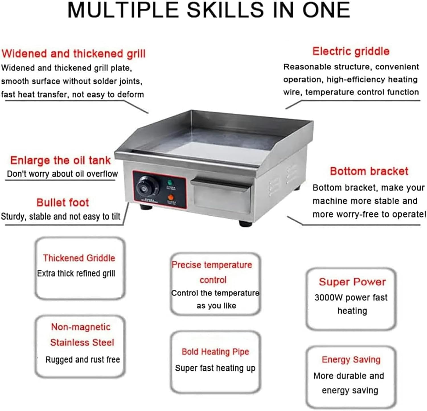 Countertop Flat Top Grill Hotplate, Commercial Electric Griddle, 50-300℃ Adjustable Temperature Teppanyaki for BBQ Cooking Steak, Pancakes