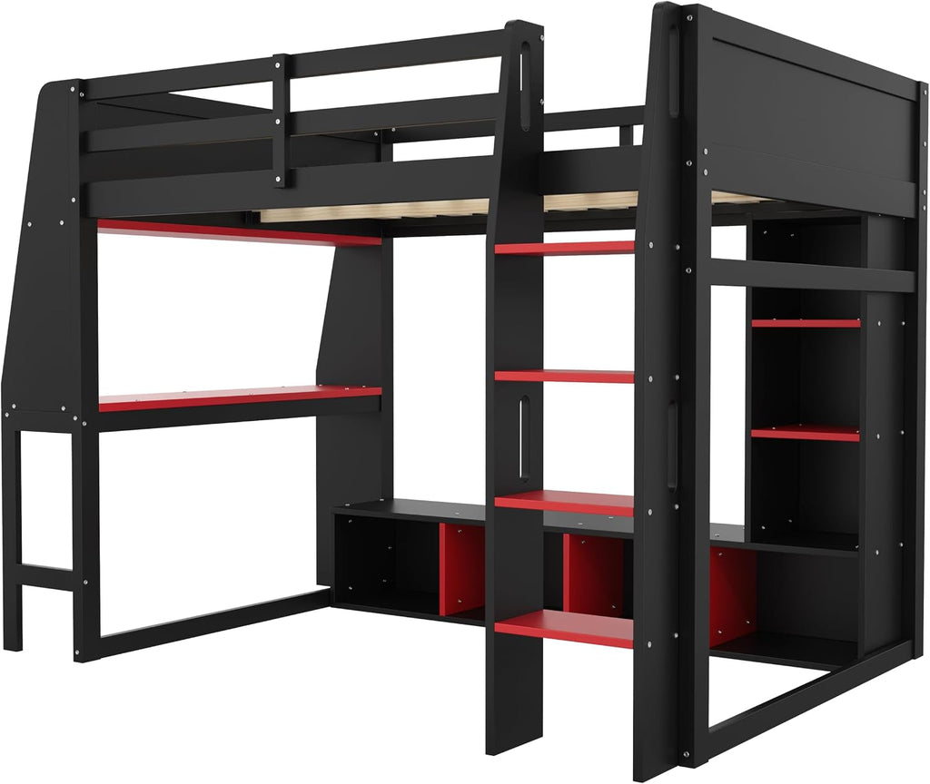 SOFTSEA Full Size Gaming Loft Bed with Desk and LED Lights, Wood Loft Bed Frame with Storage Shelves, Open Wardrobe, Full Gaming Loft Bed with Desk for Kids Teens Gamers, Red + Black